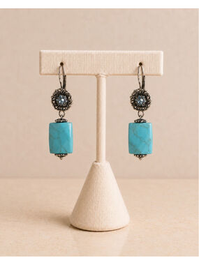 Turquoise Howlite Drop Earrings | Silver Tone Crystal Floral Leverback Dangle Ea